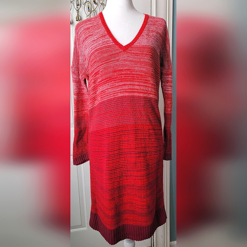 Lilla P Anthro Mini Sweater Dress Women XS Red & Purple Knit Pin Striped Cotton